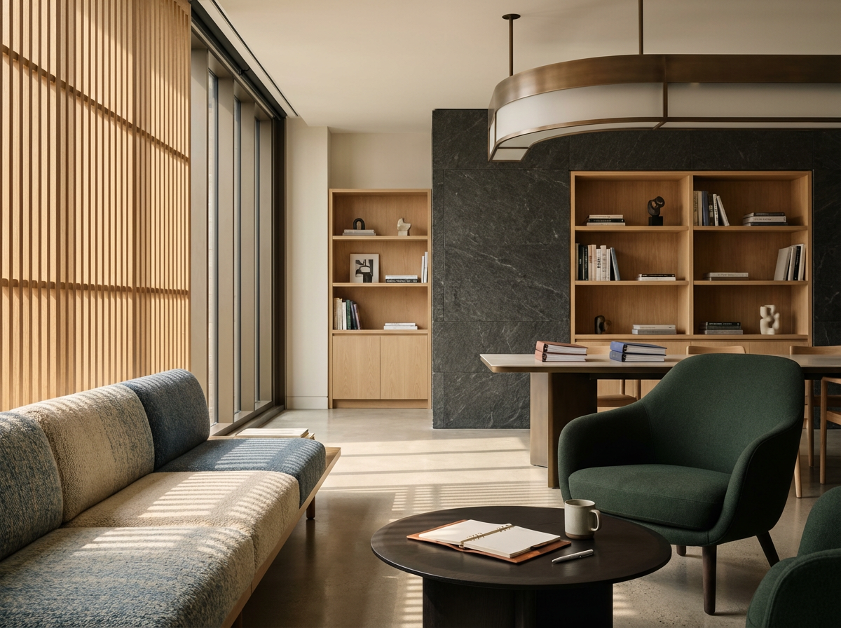 Modern office or lounge area with a green armchair, sofa, wooden bookshelves, and a table with open notebooks and a mug, illuminated by natural sunlight.