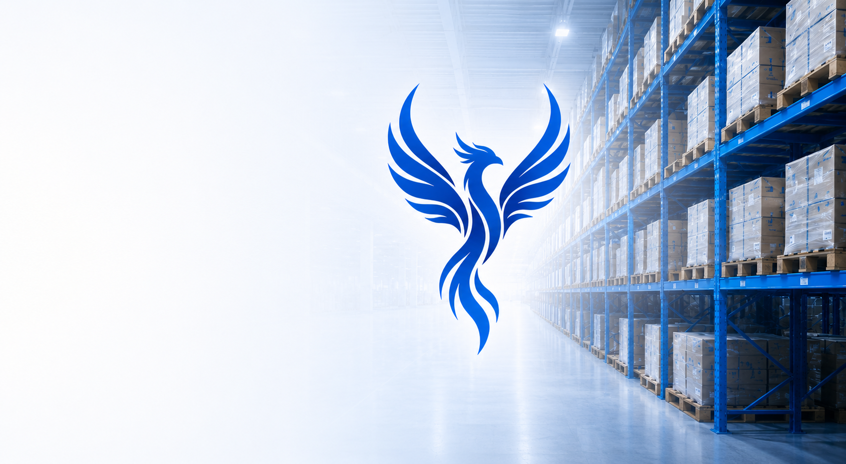 A warehouse with shelves filled with boxes, and a blue phoenix logo overlayed in the center.