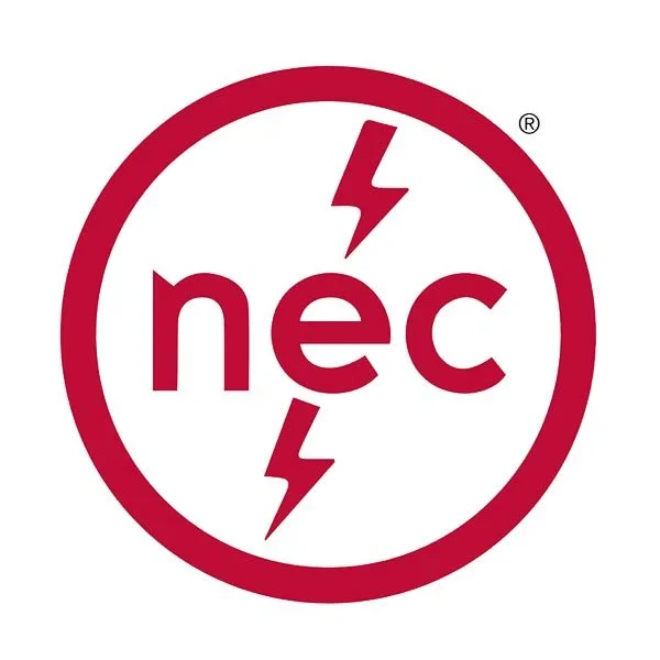 A logo with the text 'nec' inside a red circle, featuring two lightning bolt symbols above and below the text.