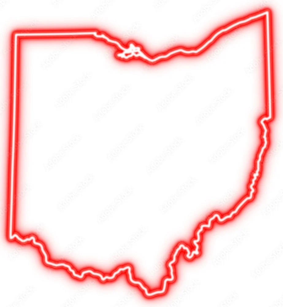 Neon outline of the state of Ohio in red with a blank center.