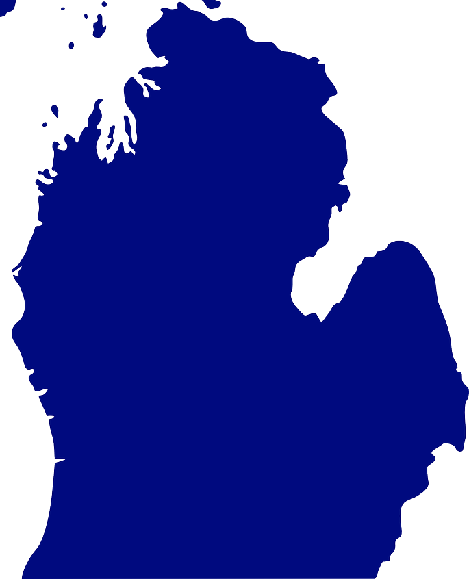 Map of the country of Michigan in the United States, shown in dark blue.