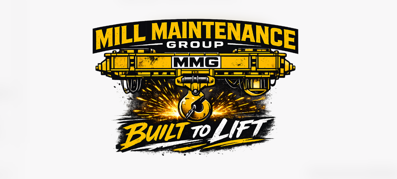 Logo for Mill Maintenance Group featuring a yellow forklift with a hook, black and yellow color scheme, with text "Built to Lift" and slogan.