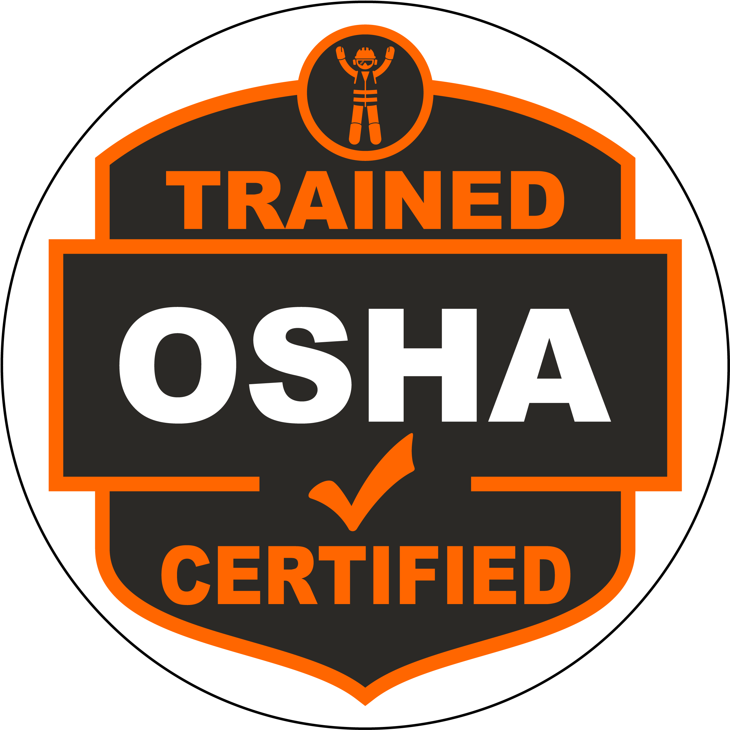 A circular badge with an orange and black design that states "TRAINED CERTIFIED" with a checkmark and a person wearing a safety helmet and protective gear at the top.