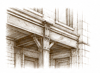 Sketch of a building's architectural detail with a wooden canopy and decorative support beams.
