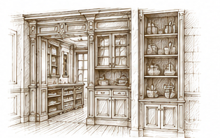 Sketch of a kitchen interior with cabinets, shelves, and countertops.