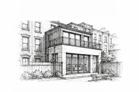 Sketch of a modern two-story building with large windows on the ground floor, a balcony on the upper floor, and surrounding fence with bushes and a bench outside.