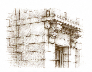 Sketch of a corner of a stone building showing detailed architectural elements like cornices and a window.
