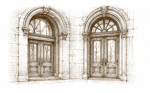 Sketch of two ornate wooden doors set in stone archways