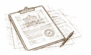 Sketch of architectural plans on a clipboard with a pen.