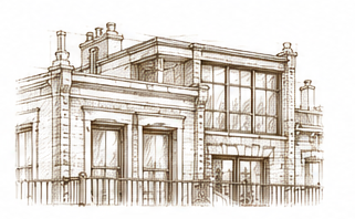 Sketch of a historic urban building with large windows and decorative architectural details.