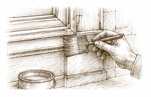 Hand painting wooden wall with a paintbrush, with a paint can nearby.