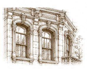 Sketch of a classic brick building with detailed window frames and an ornate facade.