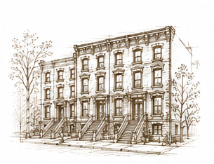 Sketch of a row of three-story townhouses with stairs leading to front doors, trees on either side, and detailed architectural features.