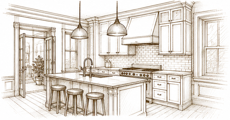 Sketch of a spacious kitchen with an island counter, three barstools, pendant lights, stove, and windowed door leading to an outdoor space.