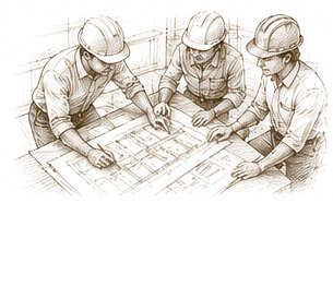Three construction workers wearing safety helmets reviewing blueprints on a table.