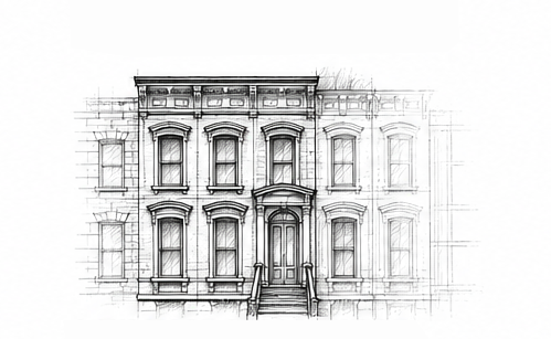 A detailed architectural sketch of a row of historic townhouses, featuring symmetrical windows, ornate moldings, and a central staircase leading to a main door.
