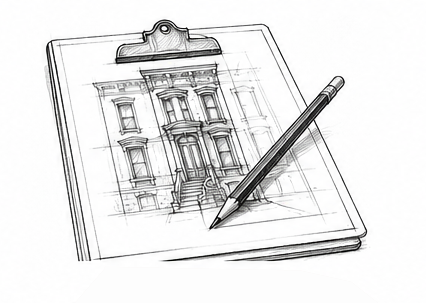 Sketch of a building on a clipboard with a pen resting on it.