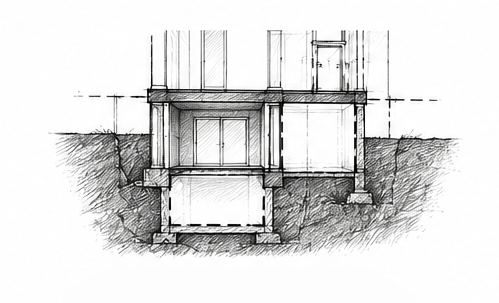 Architectural cross-section drawing of a building, showing foundation, basement, and structural details.
