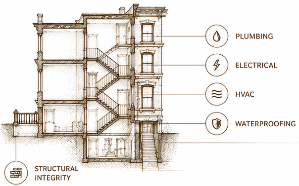 Cross-section of a building showing various systems: plumbing, electrical, HVAC, waterproofing, and structural integrity.