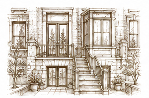 Line drawing of a residential building's front entrance with stairs, balcony, and potted plants.