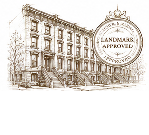 Sketch of a multi-story building with a landmark approval stamp from the United D & B Rlarrow.