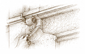 Sketch of a decorative architectural corbel or bracket supporting a wooden beam