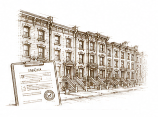Drawing of row houses with a tablet phone displaying a document in the foreground.