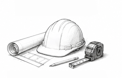 Drawing of construction tools including a hard hat, rolled-up blueprint, pencil, ruler, and measuring tape.