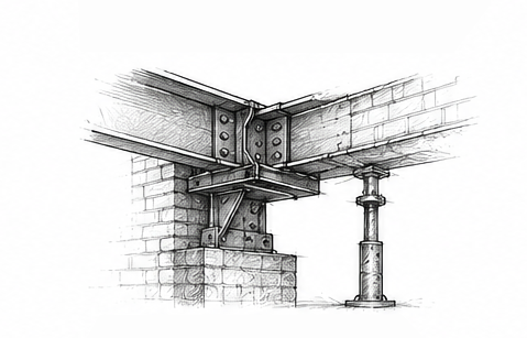 Drawing of a construction site showing a steel beam supported by a temporary adjustable support prop during building installation.