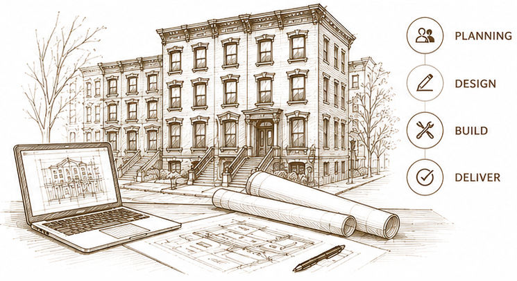 Architectural drawing of a multi-story residential building on a table with rolled blueprints, a laptop showing a building rendering, and a pen, with trees in the background and icons for planning, design, build, and deliver on the right.