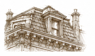 Sketch of a traditional house roof with shingles, dormer window, and chimneys.