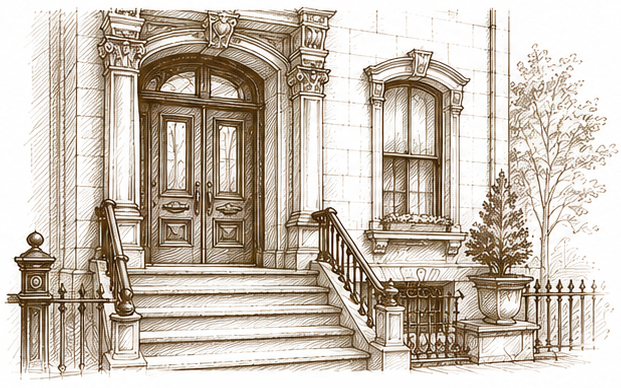 Sketch of an elegant residential building's front entrance with steps, a double door, window with flower box, and potted plants.