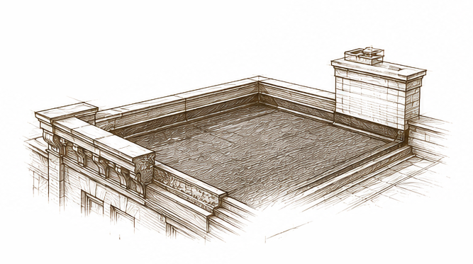 Line drawing of a rooftop with a railing and decorative architectural details.