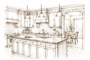 Sketch of a kitchen with cabinets, an island, pendant lights, and a dining area in the background.