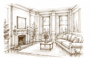 A sketch of an elegant living room with a fireplace, large windows, a sofa, a coffee table, and decorative plants.