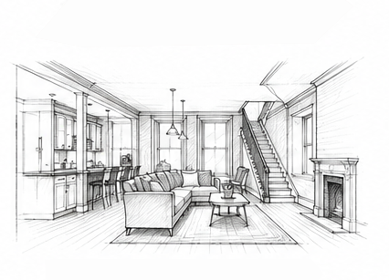 Sketch of an open living room with a staircase, fireplace, sofa, chairs, and a kitchen area in the background.