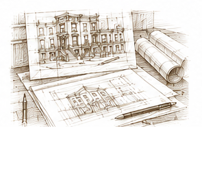 Sketch of a building, blueprints, rolled architectural plans, and drafting tools on a table.