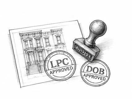 Sketch of a building blueprint with two approval stamps labeled "LPC Approved" and "DOB Approved" beside a rubber stamp.