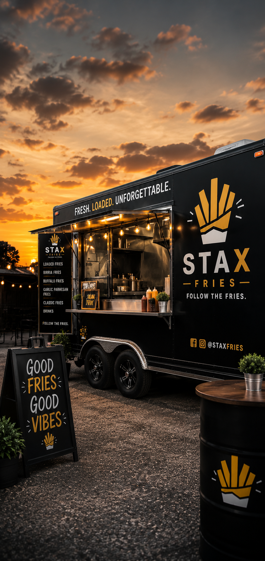 A black mobile food truck selling loaded fries at sunset, with string lights, a menu, and a sign that reads "Good Fries Good Vibes."