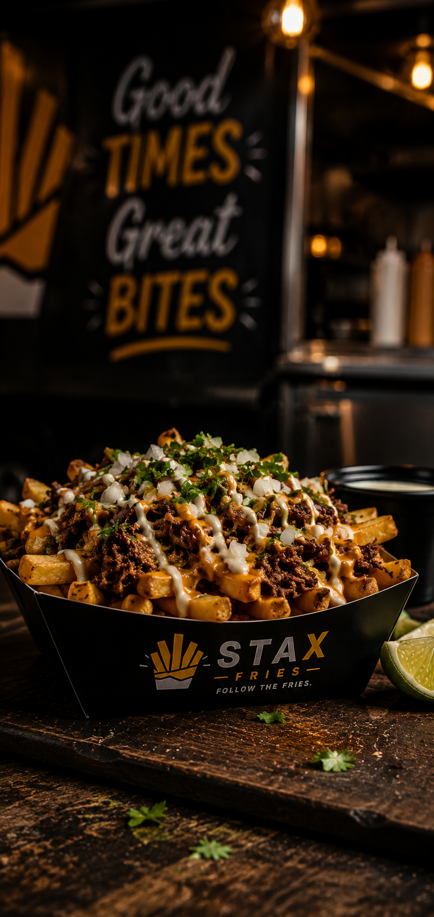 A serving of loaded fries topped with cheese, chopped onions, chopped cilantro, and drizzled with sauces, sitting in a black container on a wooden surface with lime wedges nearby. In the background, a sign reads 'Good Times Great Bites'.
