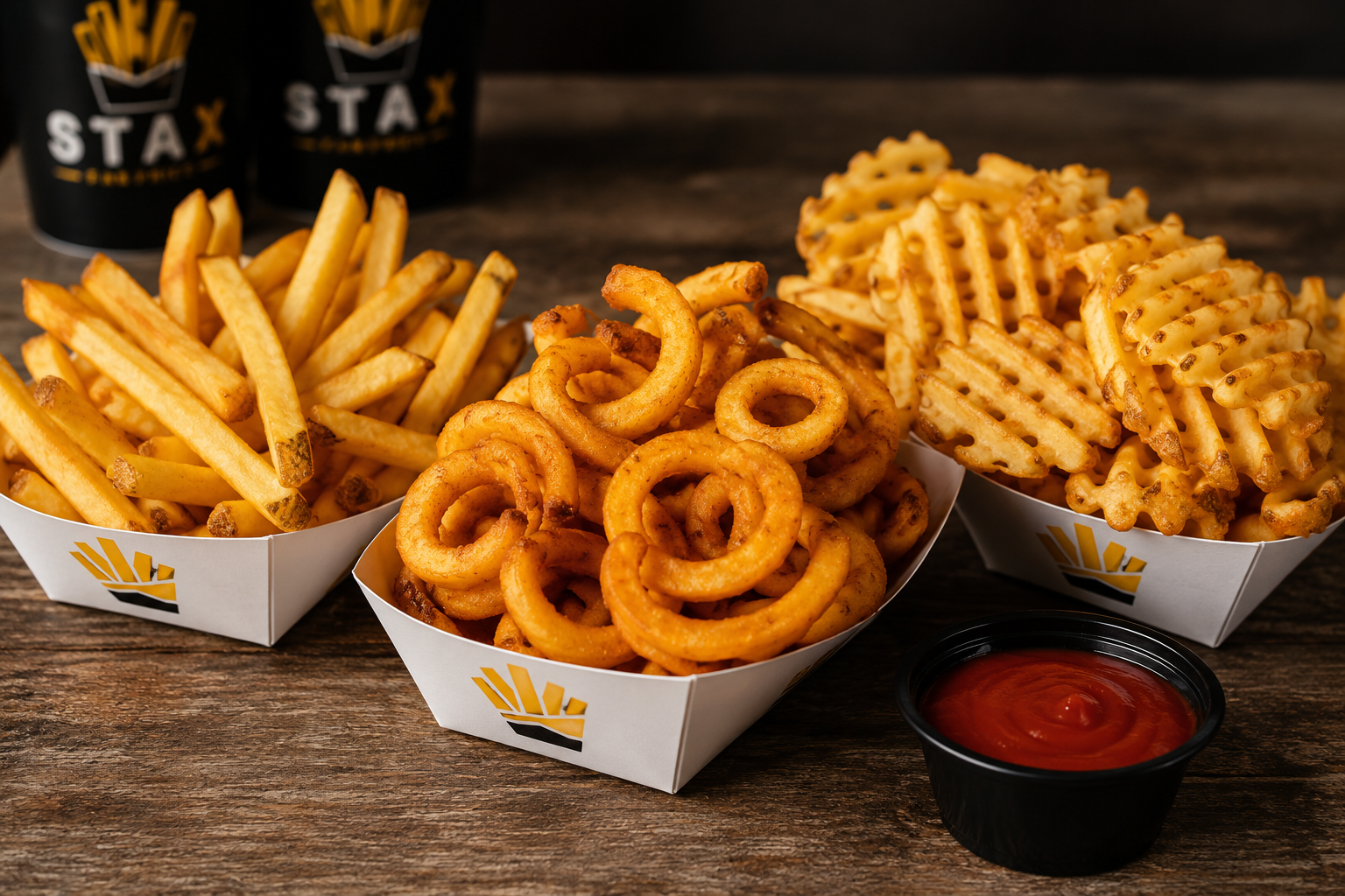 Three paper trays filled with French fries, onion rings, and waffle fries, with a small container of ketchup on a wooden table and two bottles of soda in the background.
