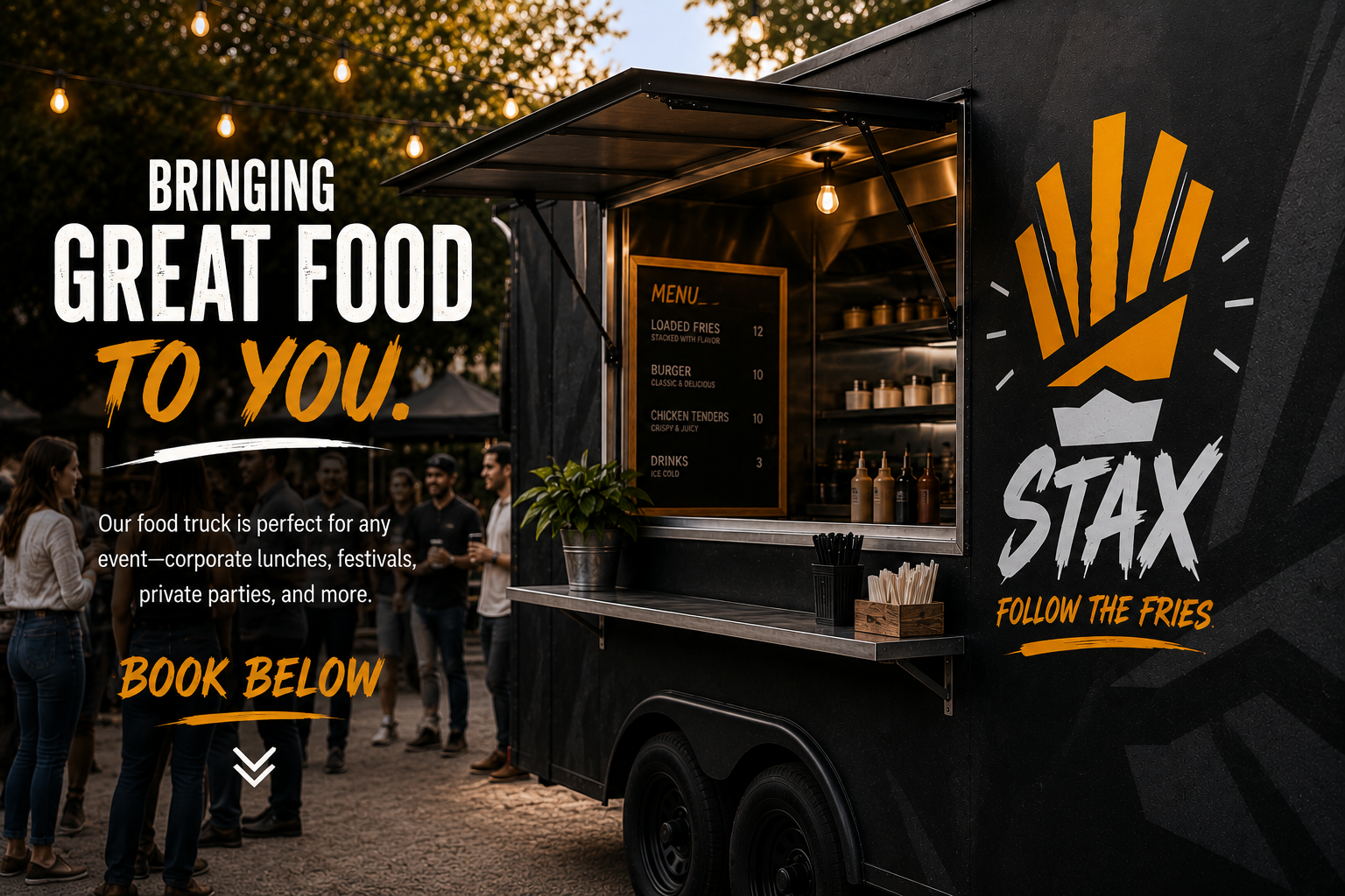 A black food truck at an outdoor event serving fries, burgers, chicken tenders, and drinks. The truck has a window with a menu listed, hanging string lights, and a group of people waiting or socializing nearby. The logo features a stylized fries graphic with the words "STAX" and "Follow the fries" on the side of the truck.
