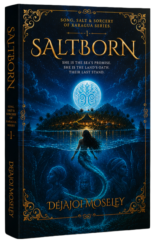 Book cover titled 'Saltborn' by Déjai Moseley, featuring a mystical scene with a woman with long flowing hair, a mermaid tail, and three tribal women with traditional jewelry and head coverings. A glowing moon with intricate symbols and a mountain landscape in the background, all in shades of blue and gold.