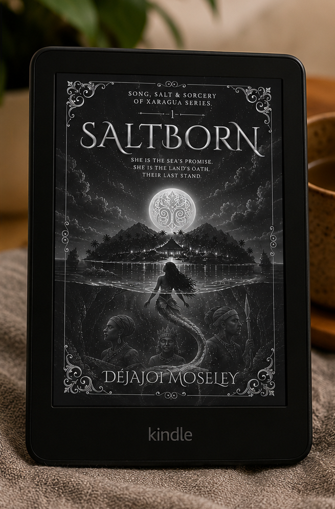 An e-reader device displaying a black and white book cover for "Saltborn" by Déjai Moseley, featuring a mermaid, tribal women, and a moonlit scene.
