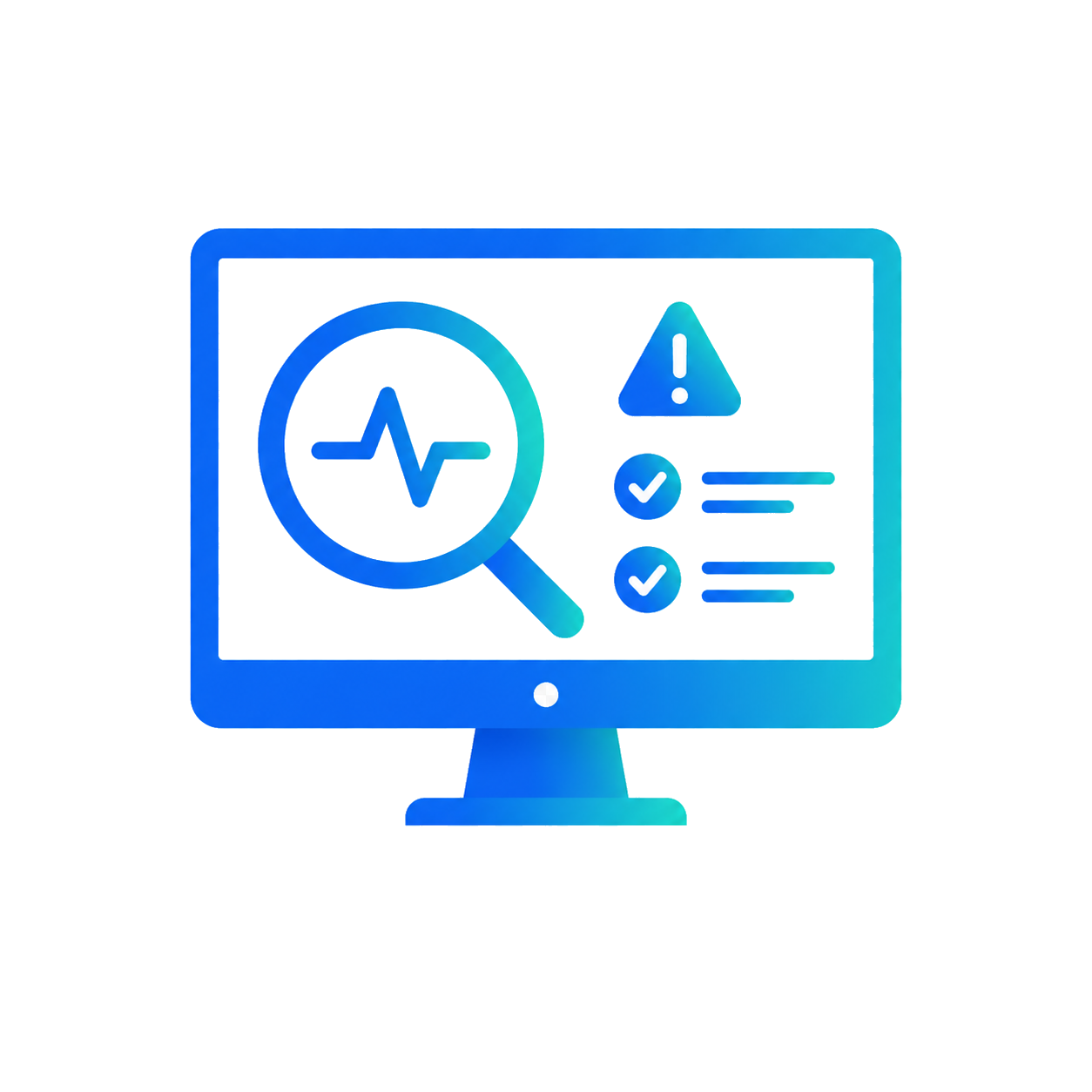 A computer monitor displays a health monitoring interface with a magnifying glass focusing on a heartbeat graph, a warning icon, and checkmarks with text.