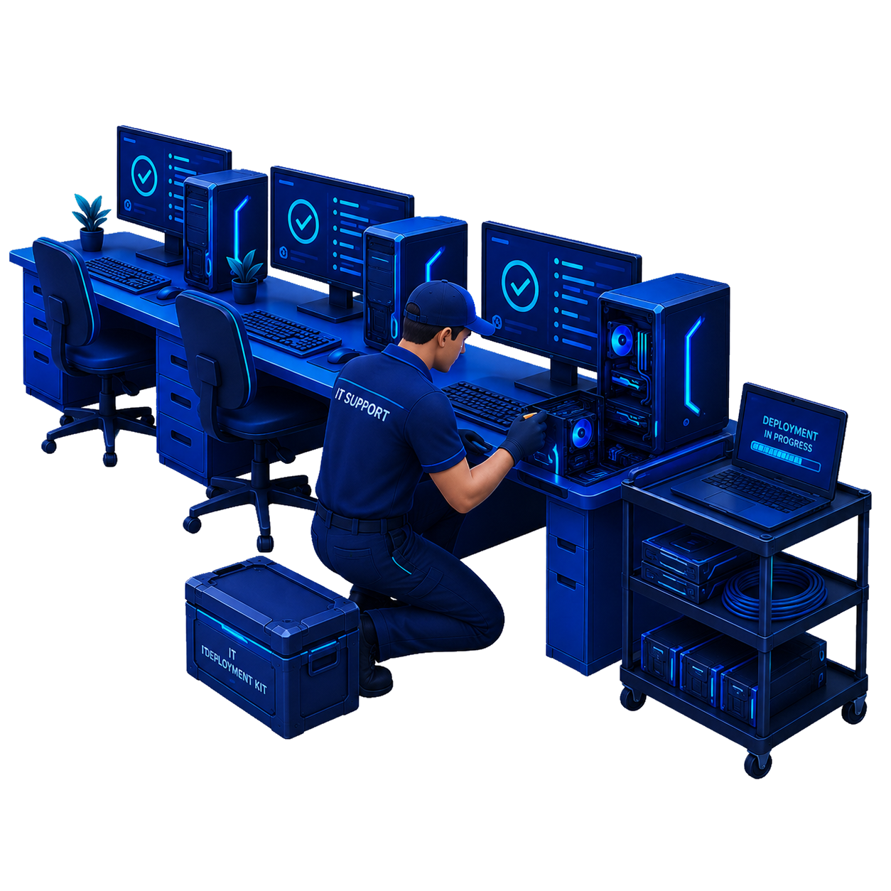 IT support technician working on a computer in a tech lab with multiple monitors and equipment, with a laptop displaying 'Deployment in Progress' and an 'IT Deployment Kit' box nearby.