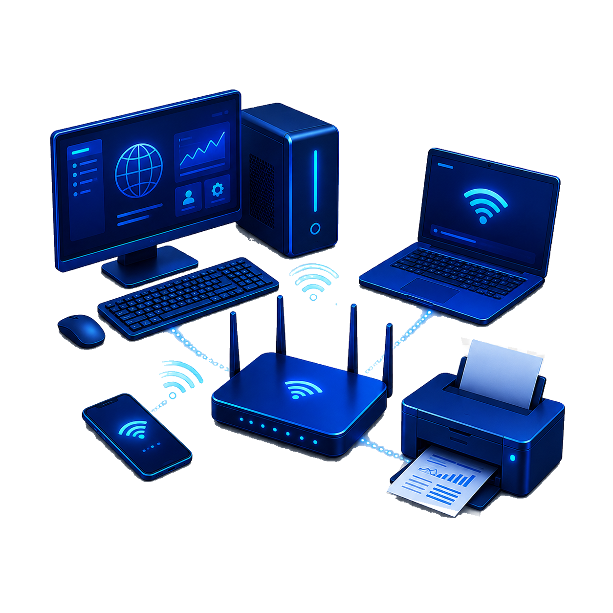 A collection of digital devices including a computer monitor, keyboard, mouse, laptop, Wi-Fi routers, smartphone, printer, and a desktop tower, all displaying Wi-Fi or network icons in a glowing blue theme.