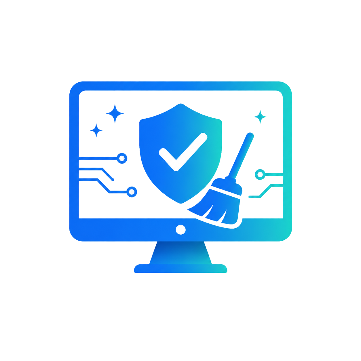 Digital illustration of a computer monitor with a shield and checkmark, a broom, and a checkmark, symbolizing cybersecurity and system cleaning.