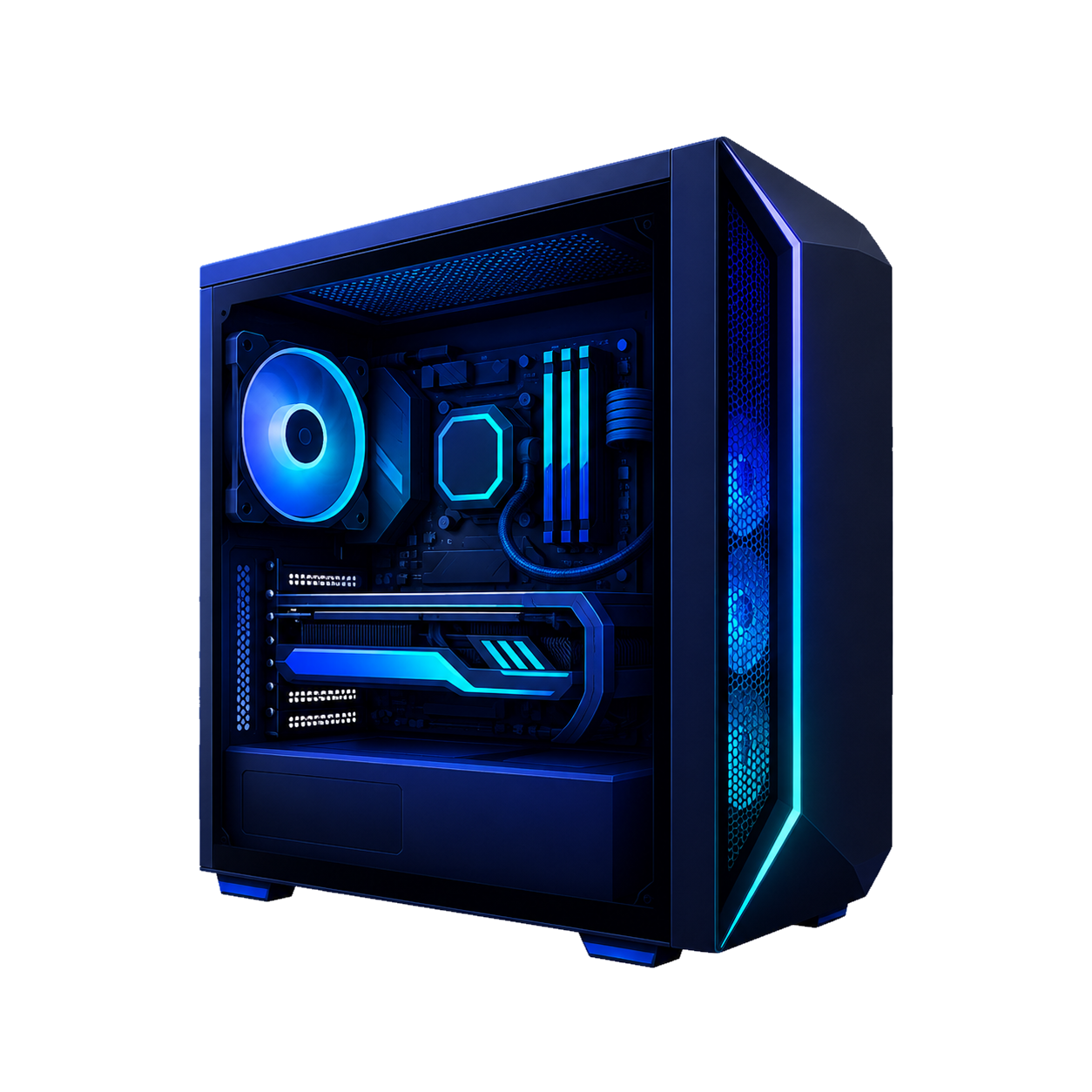 Gaming computer tower with blue LED lights and transparent side panel showing internal components.
