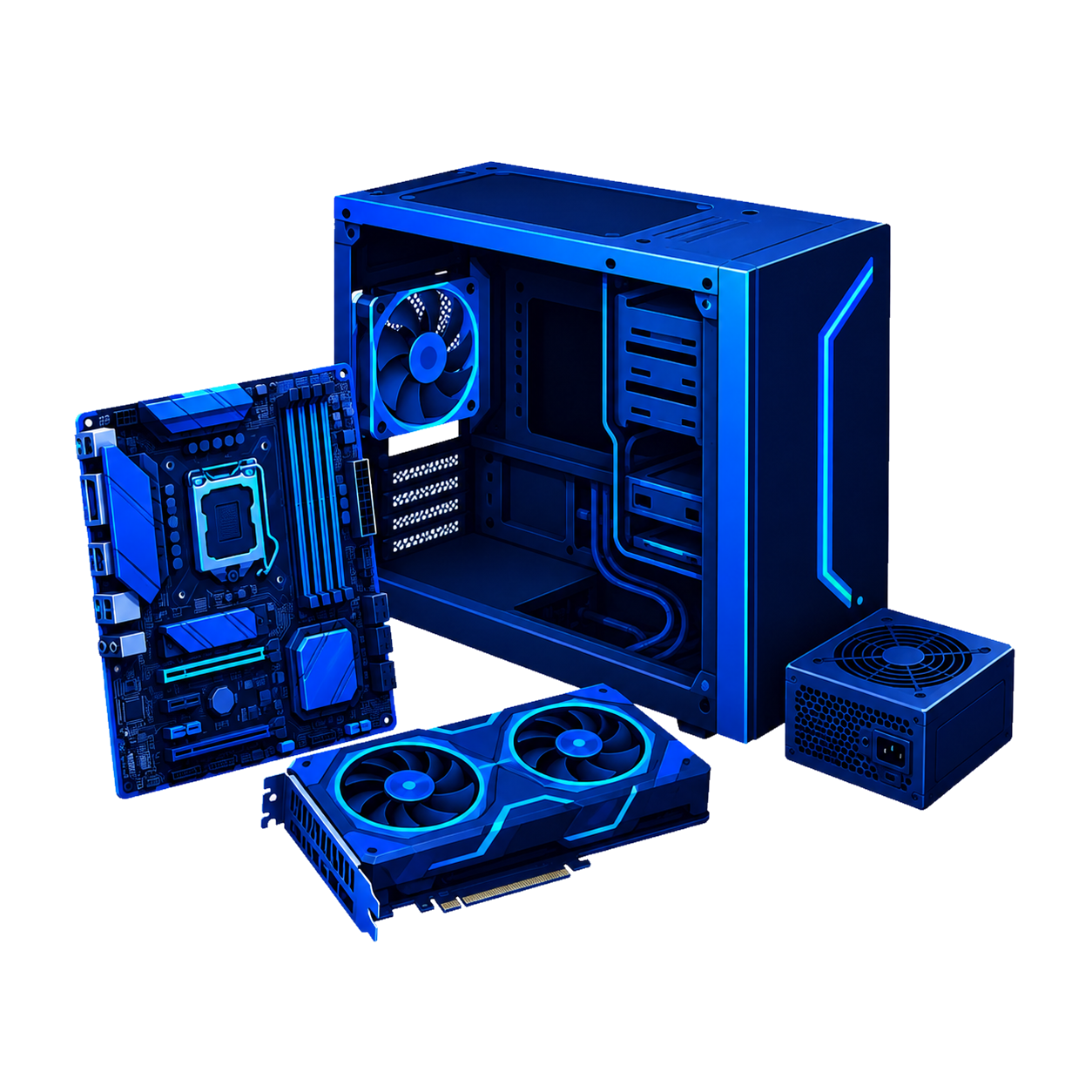 Blue and black gaming computer components including a motherboard, graphics card, power supply, cooling fan, and computer case with LED lighting.